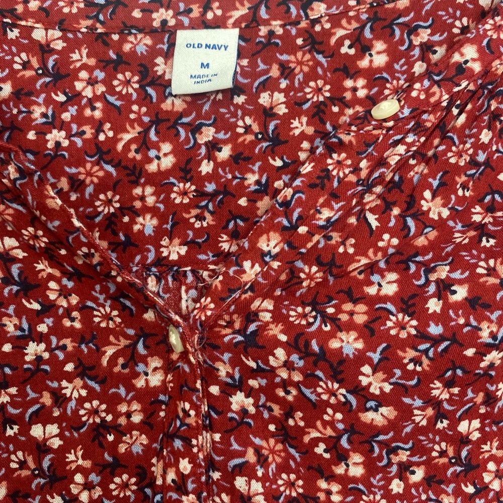 Old Navy Red Ditsy Floral Oversized Button-Front Poet Blouse Womens Medium - Picture 4 of 6